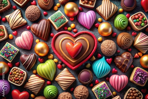 Colorful Valentine Candy Illustration with Hearts, Chocolates, and Sweet Treats for Love Celebrations