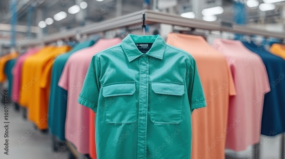 Green Shirt Hanging in Factory Production Line Garment Manufacturing Textile Industry Green Shirt Hanging in Factory Production Line Garment Manufacturing Textile Industry
