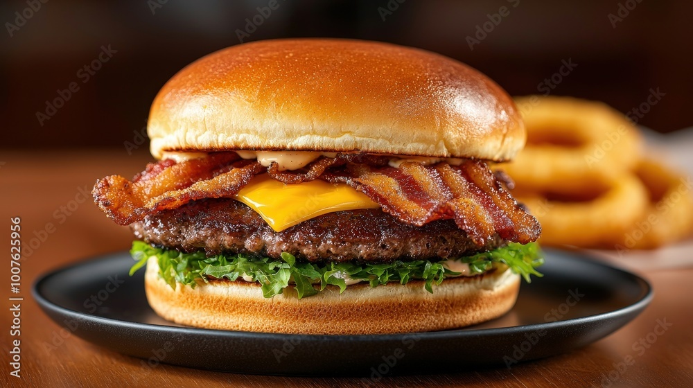 Juicy Burger with Bacon and Cheese on a Plate Juicy Burger with Bacon and Cheese on a Plate
