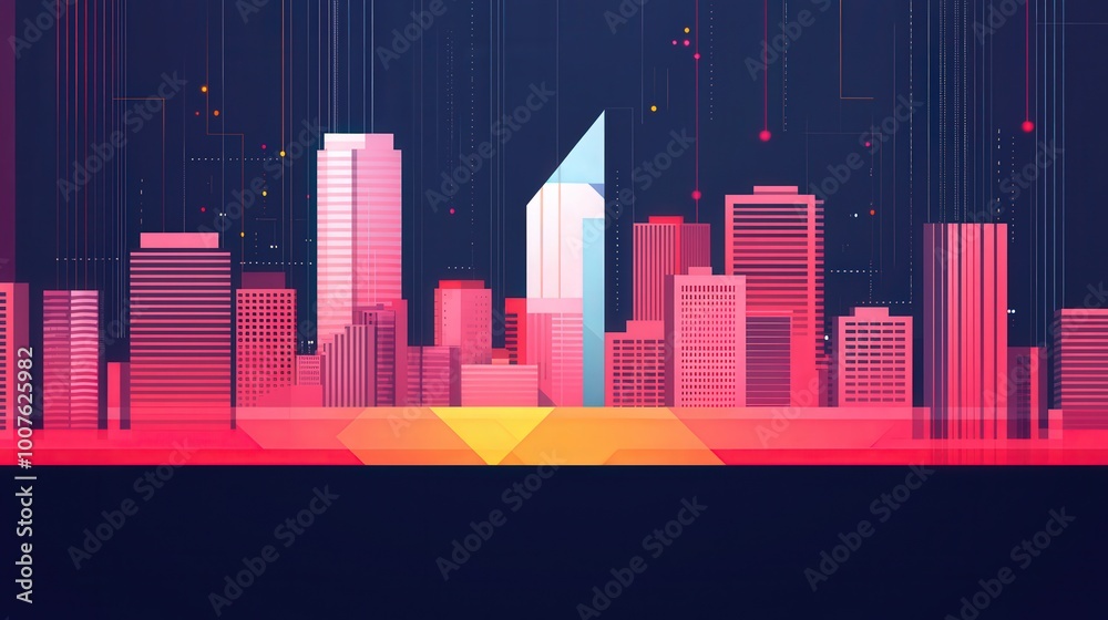 Fototapeta premium Modern City Skyline Illustration Pink and Blue Buildings with Geometric Design