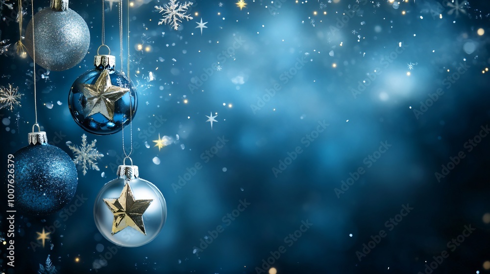 Blue Christmas ornaments with a starry background. Blue Christmas ornaments with a starry background.