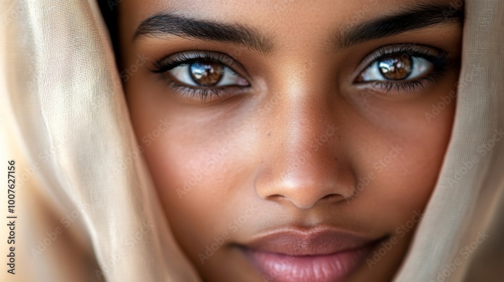 Close-up Portrait of a Woman's Face Partially Covered by a Light-Colored Scarf