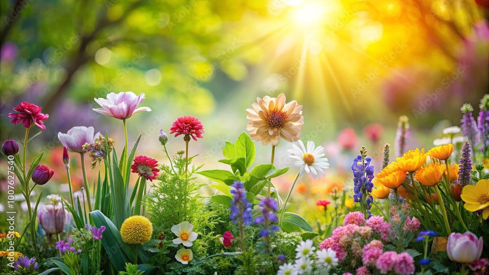 Fototapeta premium A vibrant meadow filled with a colorful array of blooming flowers bathed in the warm glow of the setting sun.