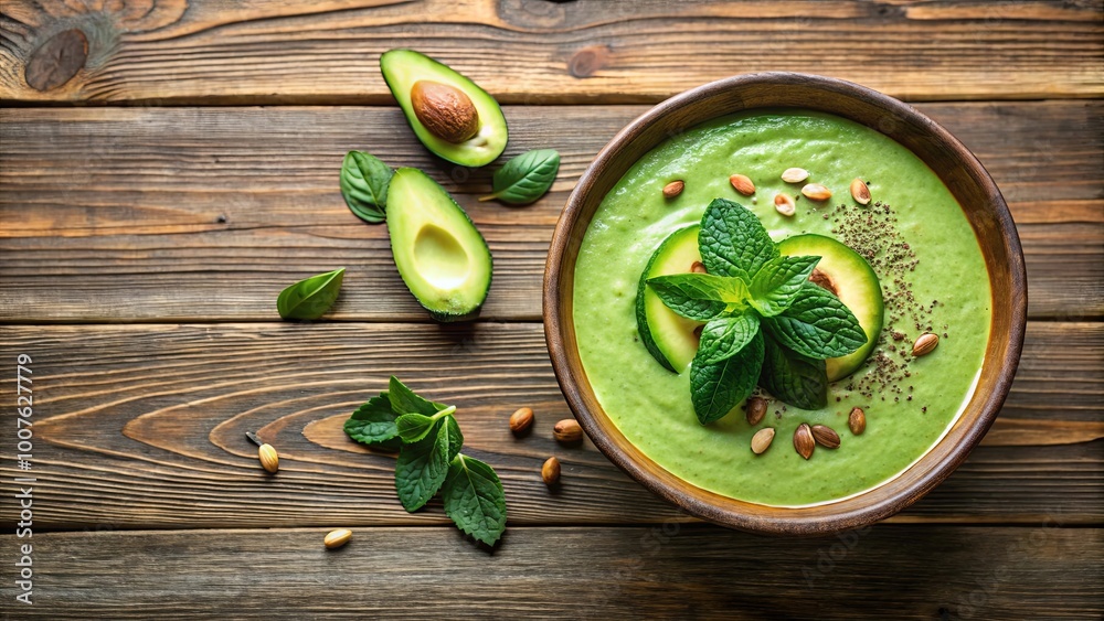 Creamy Avocado Soup with Mint and Toasted Seeds, a Culinary Delight Served in a Rustic Bowl on a Wooden Table