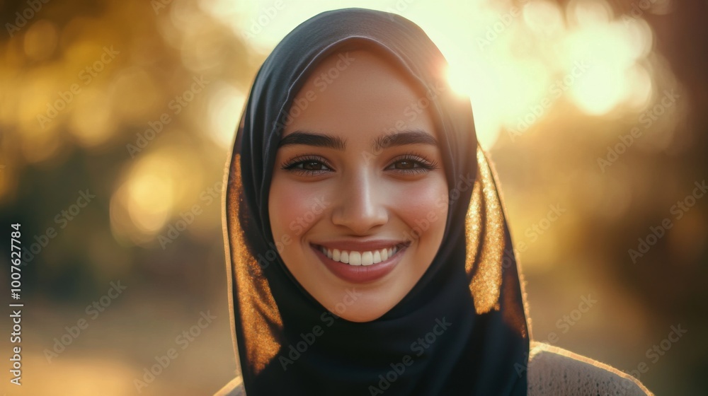 Portrait of a Smiling Woman Wearing a Black Hijab in Golden Light Portrait of a Smiling Woman Wearing a Black Hijab in Golden Light