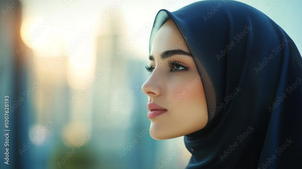 Close-up Portrait of a Woman in a Black Hijab Looking to the Side Close-up Portrait of a Woman in a Black Hijab Looking to the Side