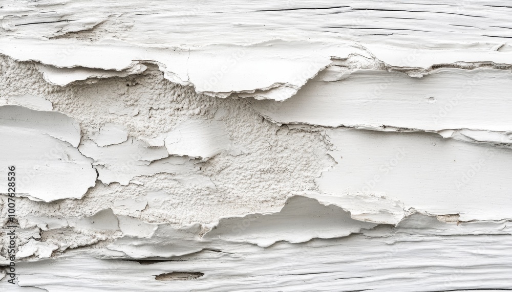Close-up of white paint peeling off wooden surface. Close-up of white paint peeling off wooden surface.
