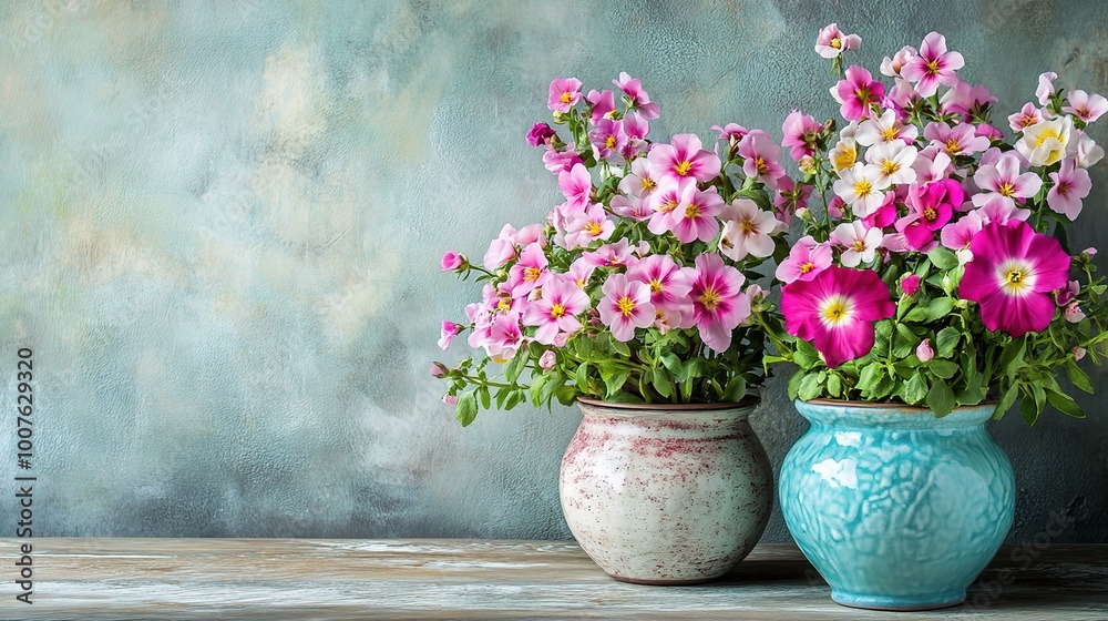 Colorful Flower Pots on a Rustic Wooden Table Colorful Flower Pots on a Rustic Wooden Table