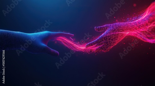 Digital Hands Reaching Out with Flowing Neon Particles