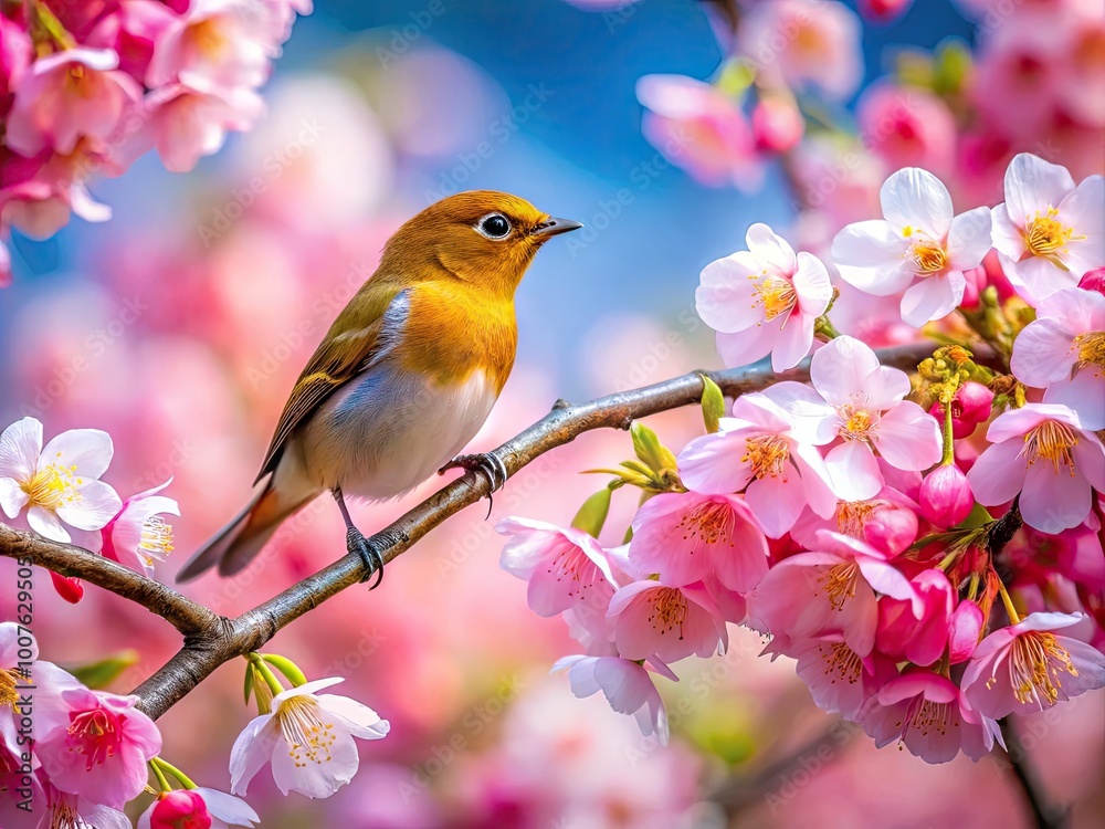 Delicate Cherry Blossom Branch with a Colorful Bird Perched Amidst Spring Blooms in Nature's Beauty Delicate Cherry Blossom Branch with a Colorful Bird Perched Amidst Spring Blooms in Nature's Beauty