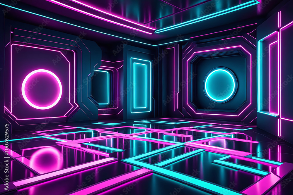 Futuristic 3D rendering illustration of geometry background with a neon blue -purple or ultraviolet neon lights, glowing lines , showcasing a cyberpunk style empty room interior design Futuristic 3D rendering illustration of geometry background with a neon blue -purple or ultraviolet neon lights, glowing lines , showcasing a cyberpunk style empty room interior design