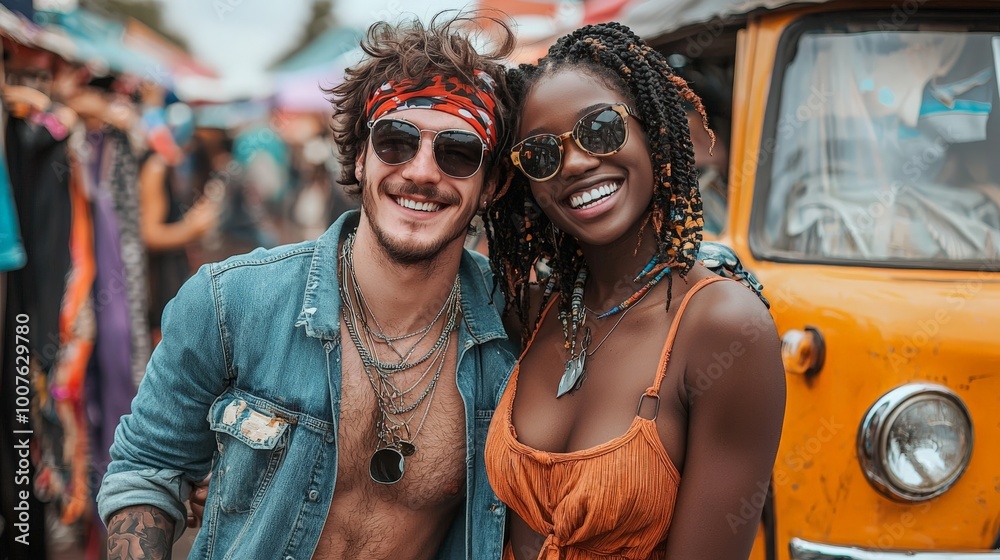 A young couple exploring a local flea market together, each holding up vintage clothing items, sharing the experience of finding unique, sustainable fashion treasures A young couple exploring a local flea market together, each holding up vintage clothing items, sharing the experience of finding unique, sustainable fashion treasures