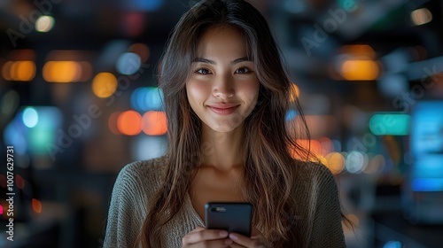 Young Woman Smiling with Phone in Vibrant Background