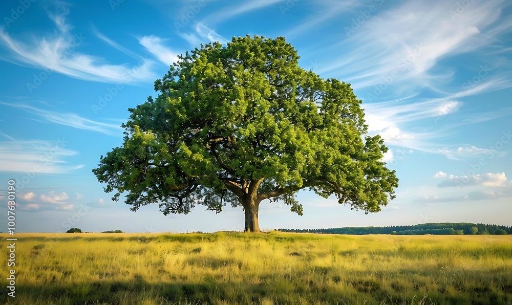 Fototapeta premium Oak tree in a field on a background of blue sky with clouds