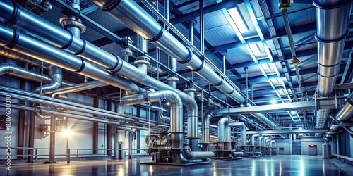 A network of metallic pipes and industrial machinery in a large industrial facility, illuminated by overhead lights