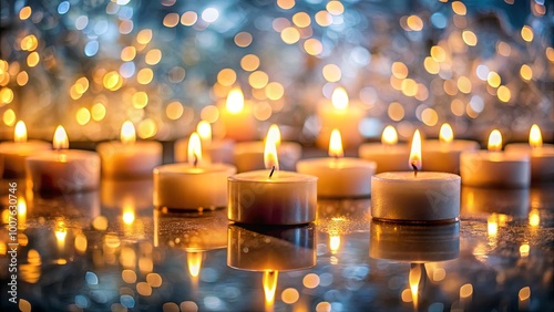 Warm candlelight illuminates the reflective surface, casting a shimmering glow amongst the soft, out-of-focus lights.