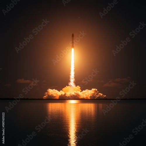 Rocket Launch at Night with Water Reflection   Space Exploration  Technology  Success  Inn