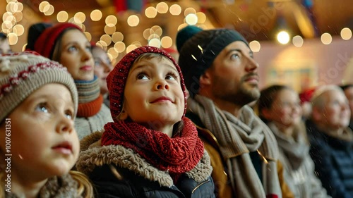 A young girl looks up in wonder at the falling snow during a holiday celebration