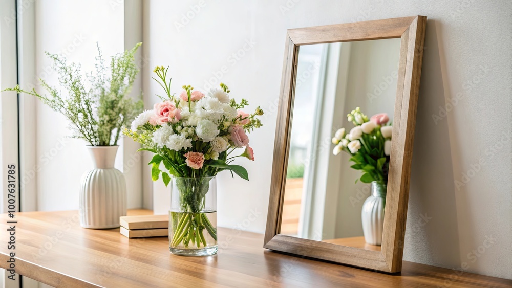 A wooden framed mirror reflects a vase of flowers on a wooden table, the table also holds a bouquet of flowers in a glass vase, books, and a vase with green stems A wooden framed mirror reflects a vase of flowers on a wooden table, the table also holds a bouquet of flowers in a glass vase, books, and a vase with green stems