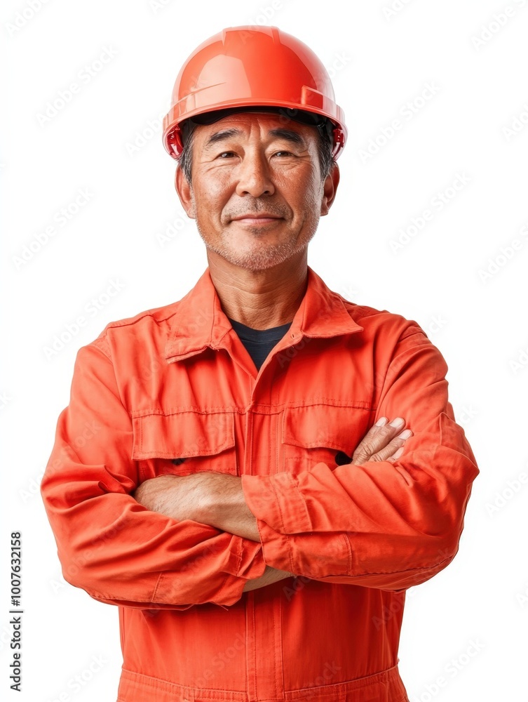 Confident Construction Worker in Orange Uniform and Hard Hat Confident Construction Worker in Orange Uniform and Hard Hat