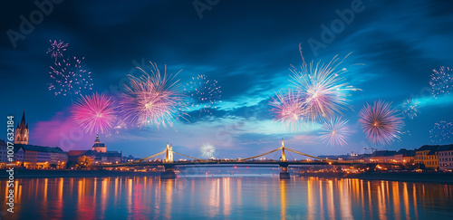 Fireworks over the river, city bridge at night, fireworks display on a celebration day in happy new yers photo