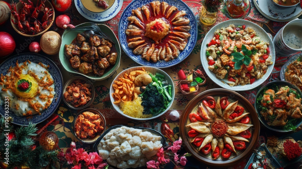 A Festive Table Setting with a Variety of Chinese Dishes A Festive Table Setting with a Variety of Chinese Dishes