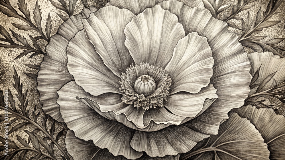 Detailed Sketch of California Poppy Flower in Black and White with Intricate Petal Patterns Detailed Sketch of California Poppy Flower in Black and White with Intricate Petal Patterns