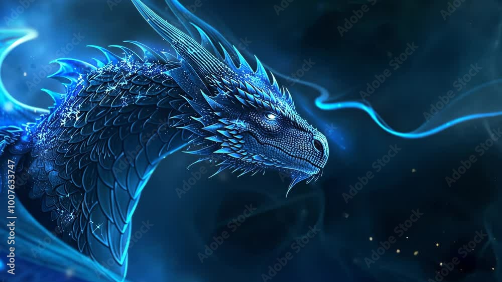 A blue dragon with glowing scales looks intensely to the right, with a trail of blue smoke behind it