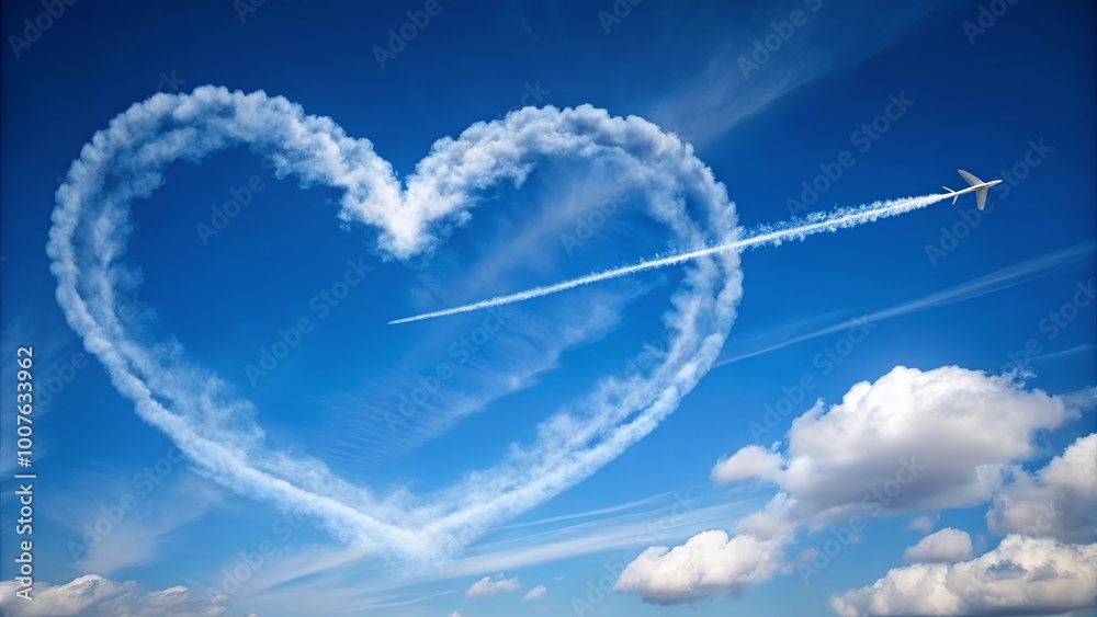 Naklejka premium A Heart-Shaped Cloud Trail Created by an Airplane in a Bright Blue Sky with Puffy White Clouds