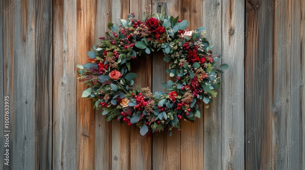 Rustic Wooden Door Decorated with a Floral Wreath Rustic Wooden Door Decorated with a Floral Wreath
