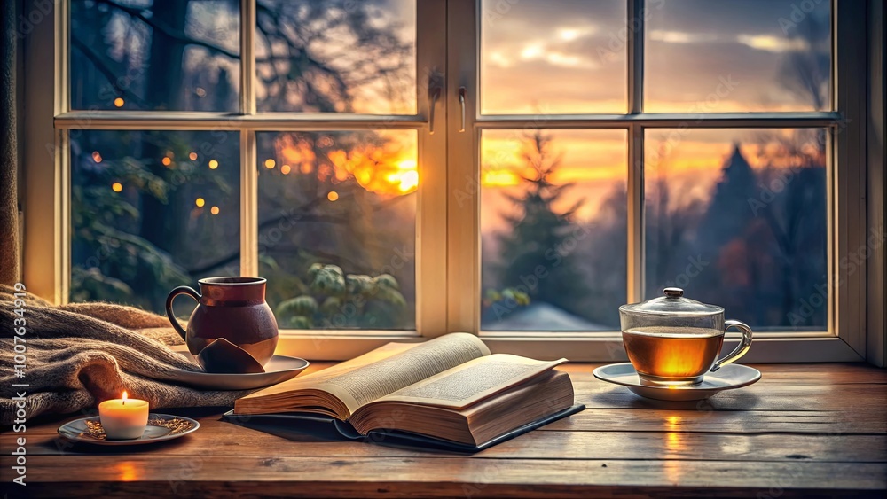 A Warm Sunset Illuminates a Cozy Windowsill, Featuring a Book, Candle, and Two Cups of Beverage, Inviting Relaxation and Quiet Reflection A Warm Sunset Illuminates a Cozy Windowsill, Featuring a Book, Candle, and Two Cups of Beverage, Inviting Relaxation and Quiet Reflection
