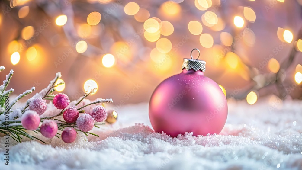 A Single Pink Ornament Rests on a Bed of Sparkling Snow, Bathed in the Warm Glow of Festive Lights A Single Pink Ornament Rests on a Bed of Sparkling Snow, Bathed in the Warm Glow of Festive Lights