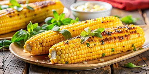 Grilled corn on the cob garnished with fresh herbs and salt, resting on a wooden platter, showcasing the golden hues of summer