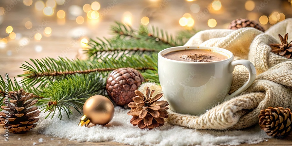 A Warm Mug Nestled in Winter's Embrace with Delicate Pine Accents and a Touch of Snow A Warm Mug Nestled in Winter's Embrace with Delicate Pine Accents and a Touch of Snow