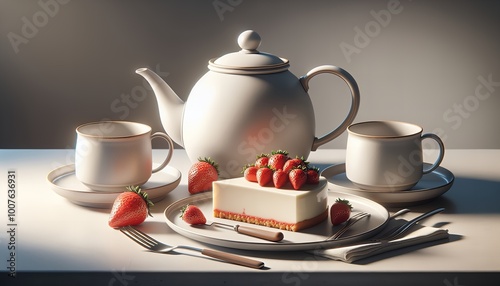 Gourmet tea scene with delicate porcelain and ripe strawberries. photo