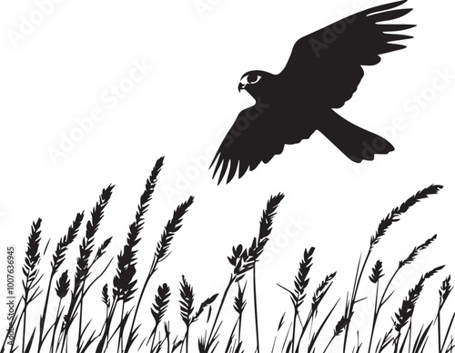 Silhouette of a kestrel hovering over a field vector icon