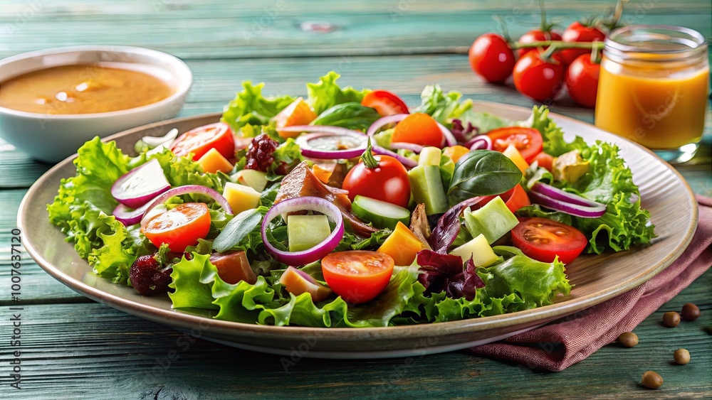 A vibrant salad featuring fresh greens, juicy tomatoes, crisp cucumbers, and vibrant red onion rings, served on a rustic wooden table alongside a savory dressing A vibrant salad featuring fresh greens, juicy tomatoes, crisp cucumbers, and vibrant red onion rings, served on a rustic wooden table alongside a savory dressing