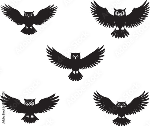Silhouette of an owl perched with wings spread, vector icon