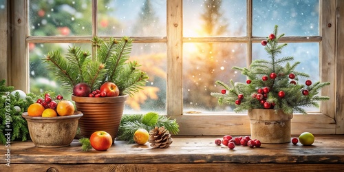 A Rustic Windowsill Decorated with Evergreen Branches, Berries, and Citrus Fruits, Bathed in the Warm Glow of a Snow-Kissed Winter Day