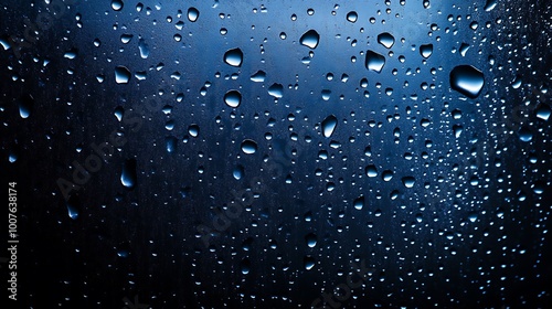  Water drops on a black background. Glass texture with droplets. Surface wet with dew. Abstract wallpaper in bubbles. 