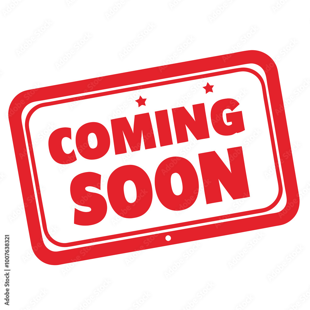 Red Coming Soon Stamp with Stars in Rectangular Design Red Coming Soon Stamp with Stars in Rectangular Design
