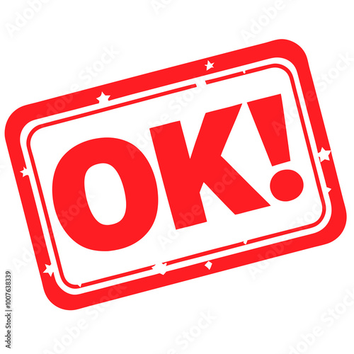 Red OK Stamp with Exclamation Mark in Rectangular Design