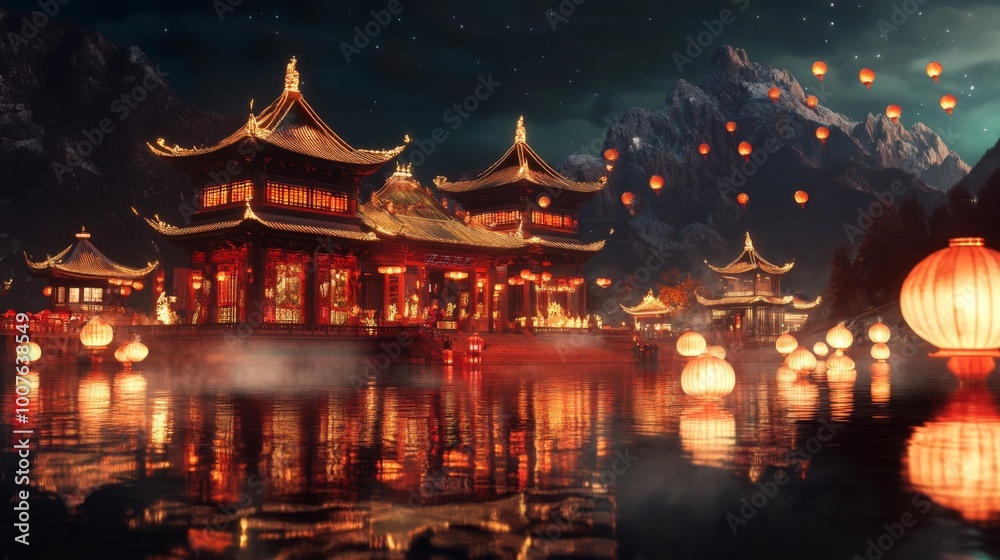 Illuminated Chinese Temple Reflecting in Calm Water with Floating Lanterns Illuminated Chinese Temple Reflecting in Calm Water with Floating Lanterns