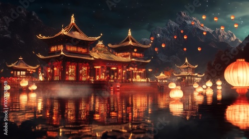Illuminated Chinese Temple Reflecting in Calm Water with Floating Lanterns
