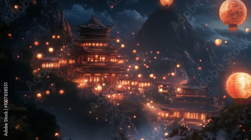 A Chinese Pagoda Illuminated by Floating Lanterns on a Mountainside at Night