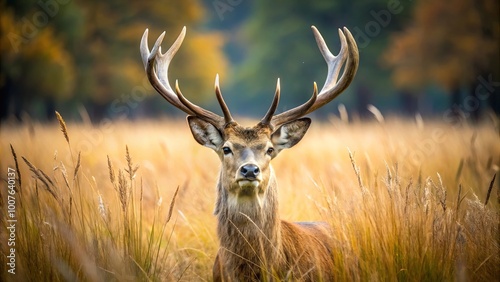 A majestic stag with imposing antlers stands amidst a field of golden grasses, its gaze fixed intently forward, a symbol of strength and grace in the wild.