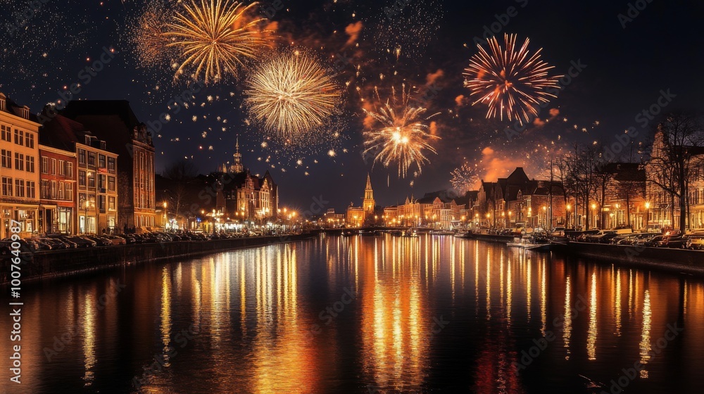 Fireworks Display Over a City Canal at Night