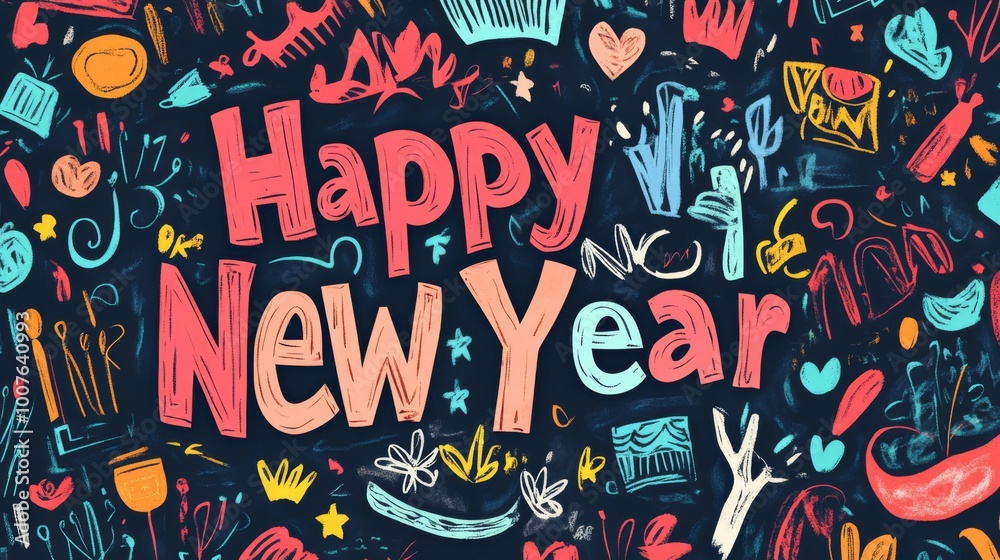 Naklejka premium Abstract New Year's Greeting with Colorful Hand-Drawn Patterns