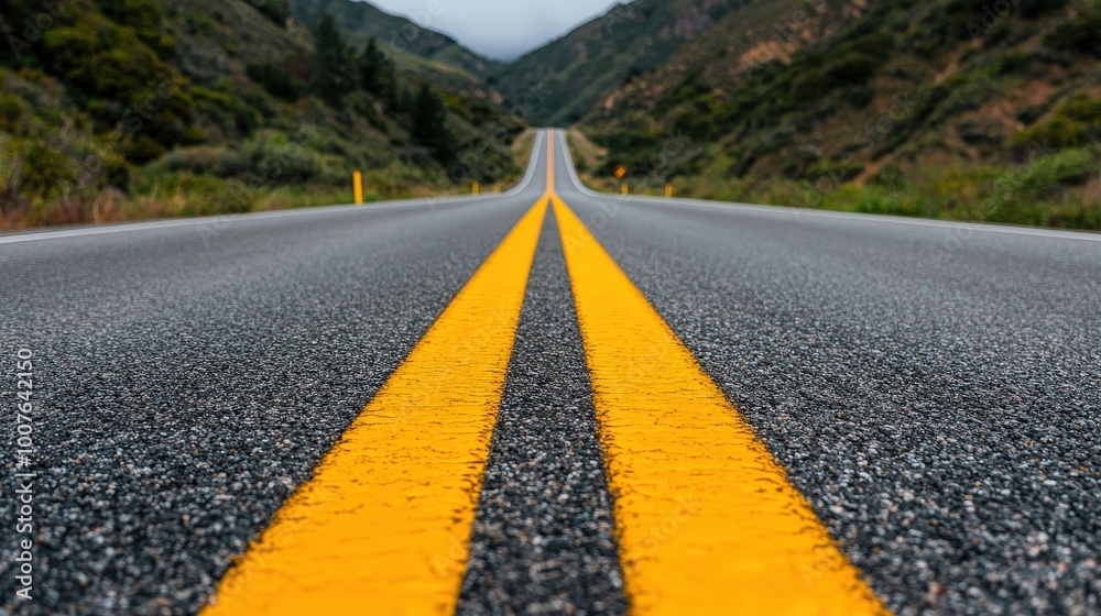 Fototapeta premium Empty Highway Road with Yellow Lines and Green Hills in Background