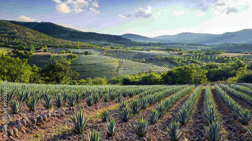 Fototapeta premium Agave fields view. Vanishing point perspective. Colorful landscape with agave.